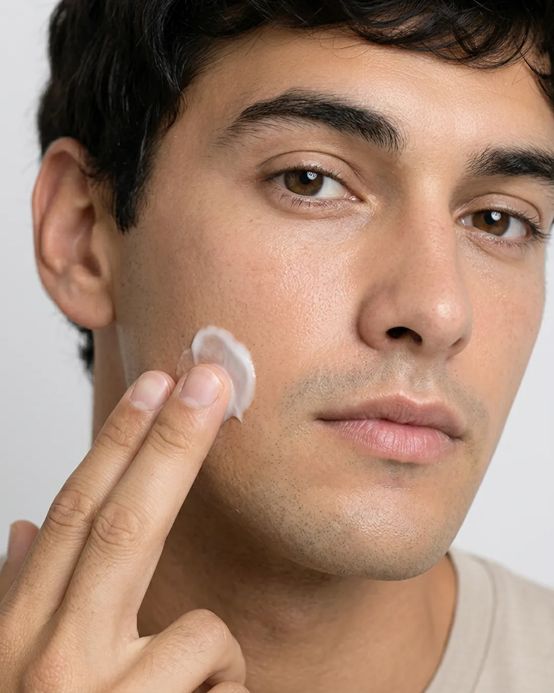 Hombre aplicando el aftershave-crema en la mejilla, dos en uno — Uomo che applica l'aftershave-crema sulla guancia, due in uno