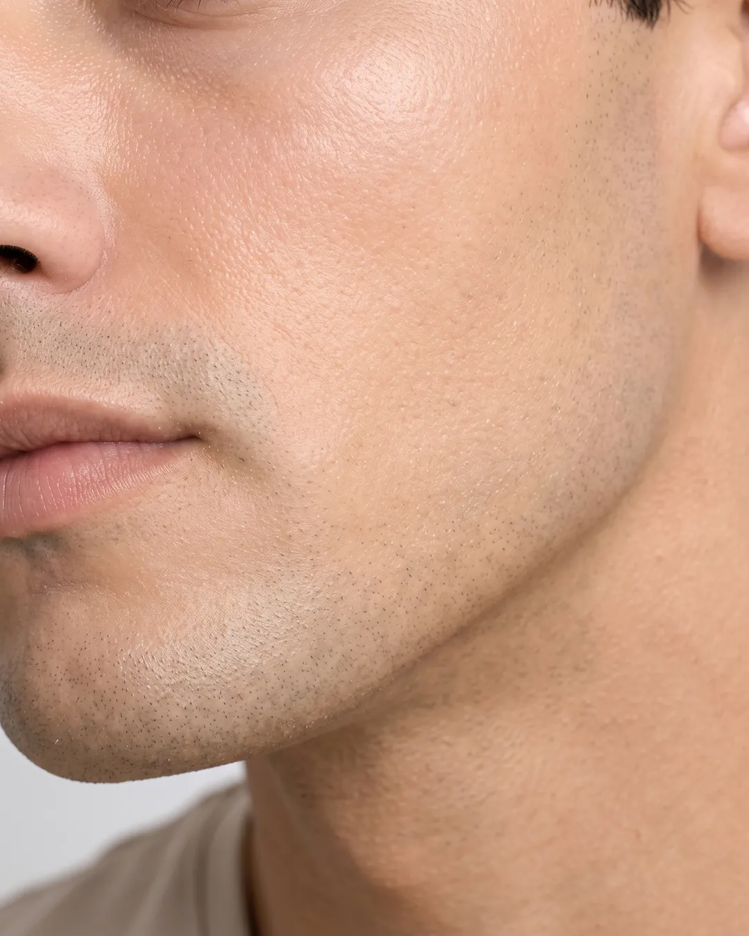 Piel masculina recién afeitada, hidratada y mate, sin brillos — Pelle maschile appena rasata, idratata e opaca, senza lucidità
